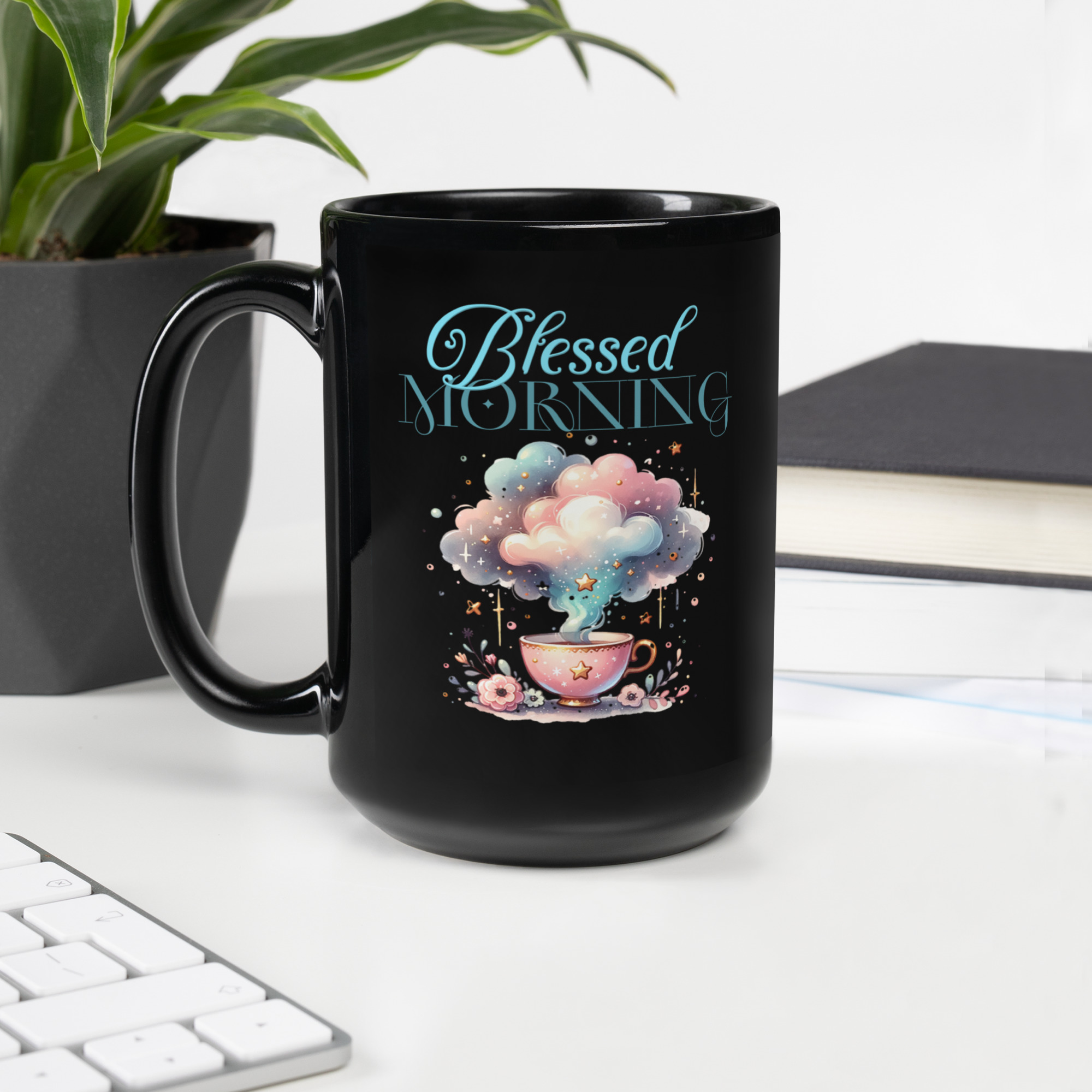 Blessed Morning Black Glossy Mug